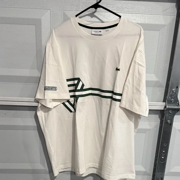 Lacoste Men's Cream T-Shirt with Green Stripes - Picture 1 of 5